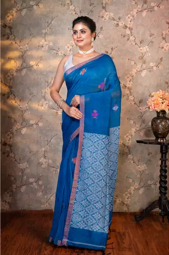 Blue  handloom linen multicolor birds woven motifs saree with running blouse piece