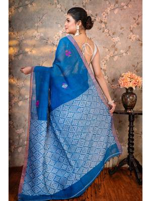 Blue  handloom linen multicolor birds woven motifs saree with running blouse piece 3