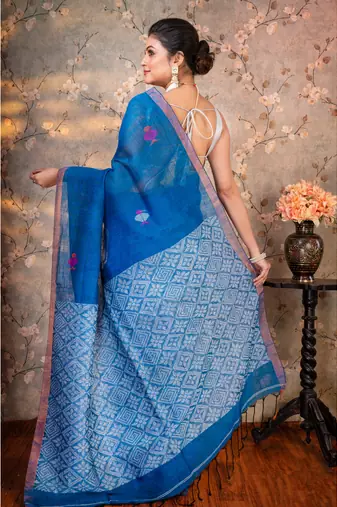 Blue  handloom linen multicolor birds woven motifs saree with running blouse piece