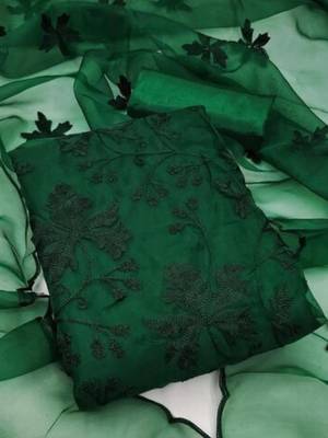 Women's Dark Green Organza Silk Floral Printed Suit Dress Material With Organza Dupatta 1