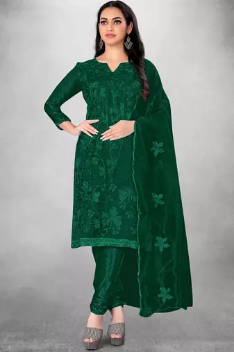 Women's Dark Green Organza Silk Floral Printed Suit Dress Material With Organza Dupatta