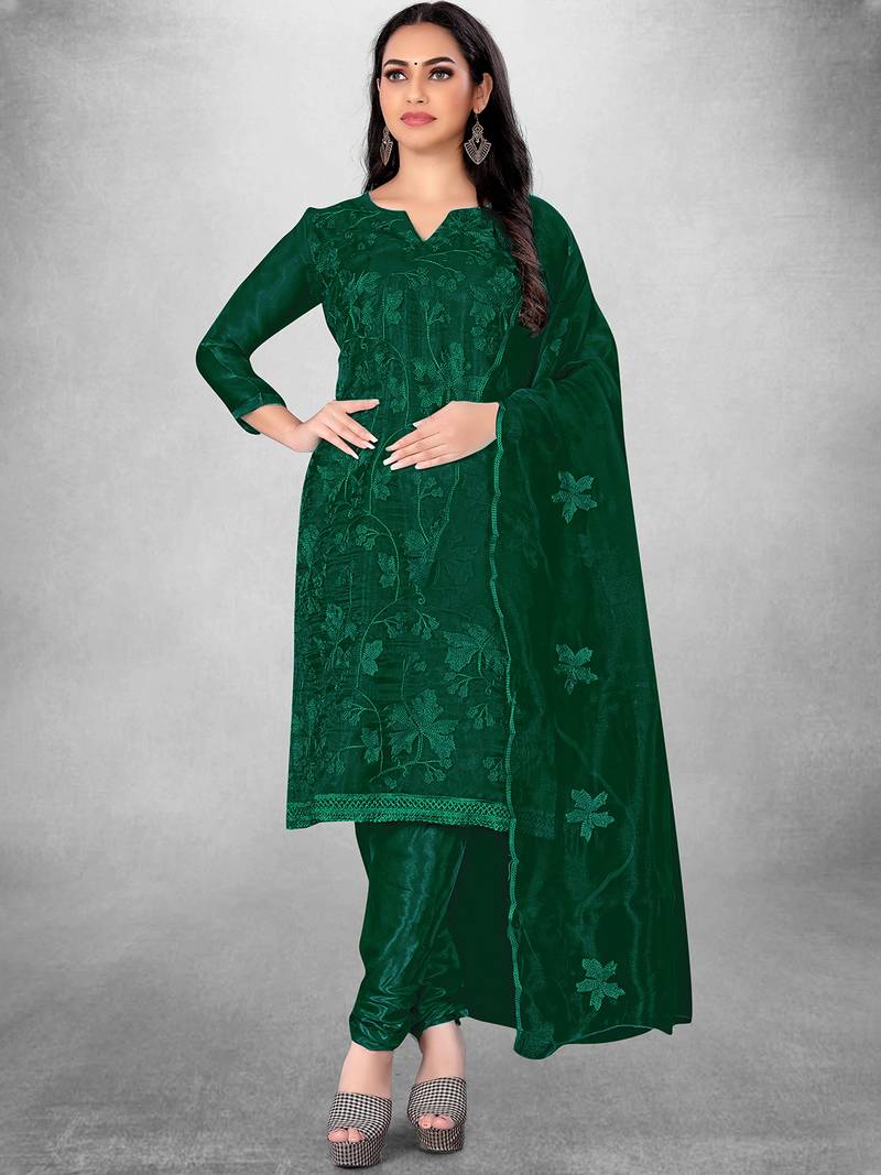 Women's Dark Green Organza Silk Floral Printed Suit Dress Material With Organza Dupatta