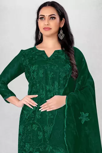 Women's Dark Green Organza Silk Floral Printed Suit Dress Material With Organza Dupatta