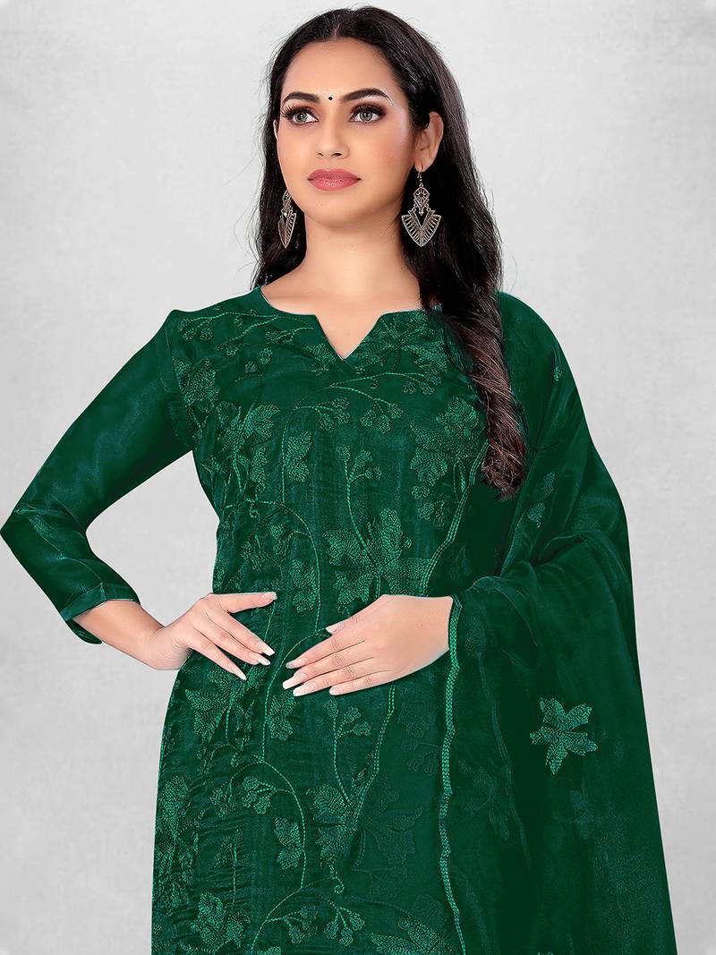 Women's Dark Green Organza Silk Floral Printed Suit Dress Material With Organza Dupatta
