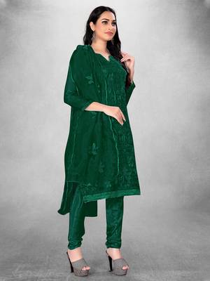 Women's Dark Green Organza Silk Floral Printed Suit Dress Material With Organza Dupatta 4