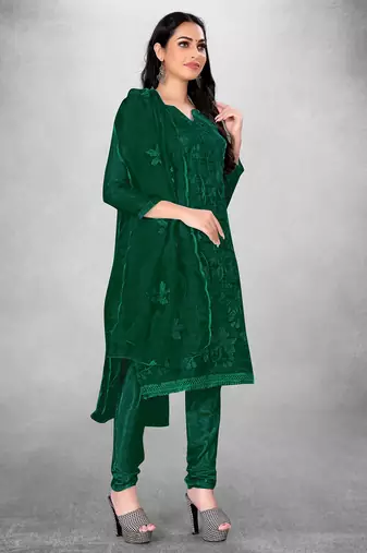 Women's Dark Green Organza Silk Floral Printed Suit Dress Material With Organza Dupatta
