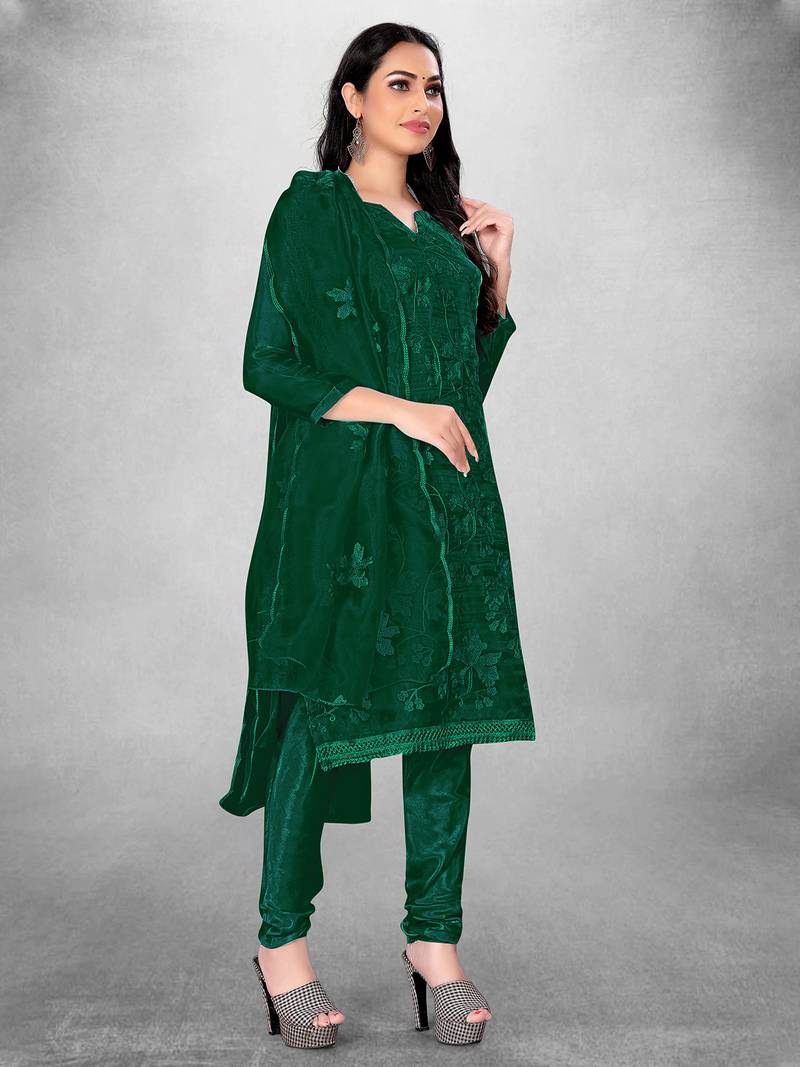 Women's Dark Green Organza Silk Floral Printed Suit Dress Material With Organza Dupatta