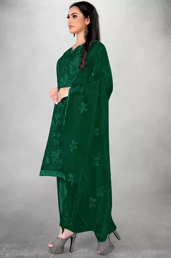 Women's Dark Green Organza Silk Floral Printed Suit Dress Material With Organza Dupatta