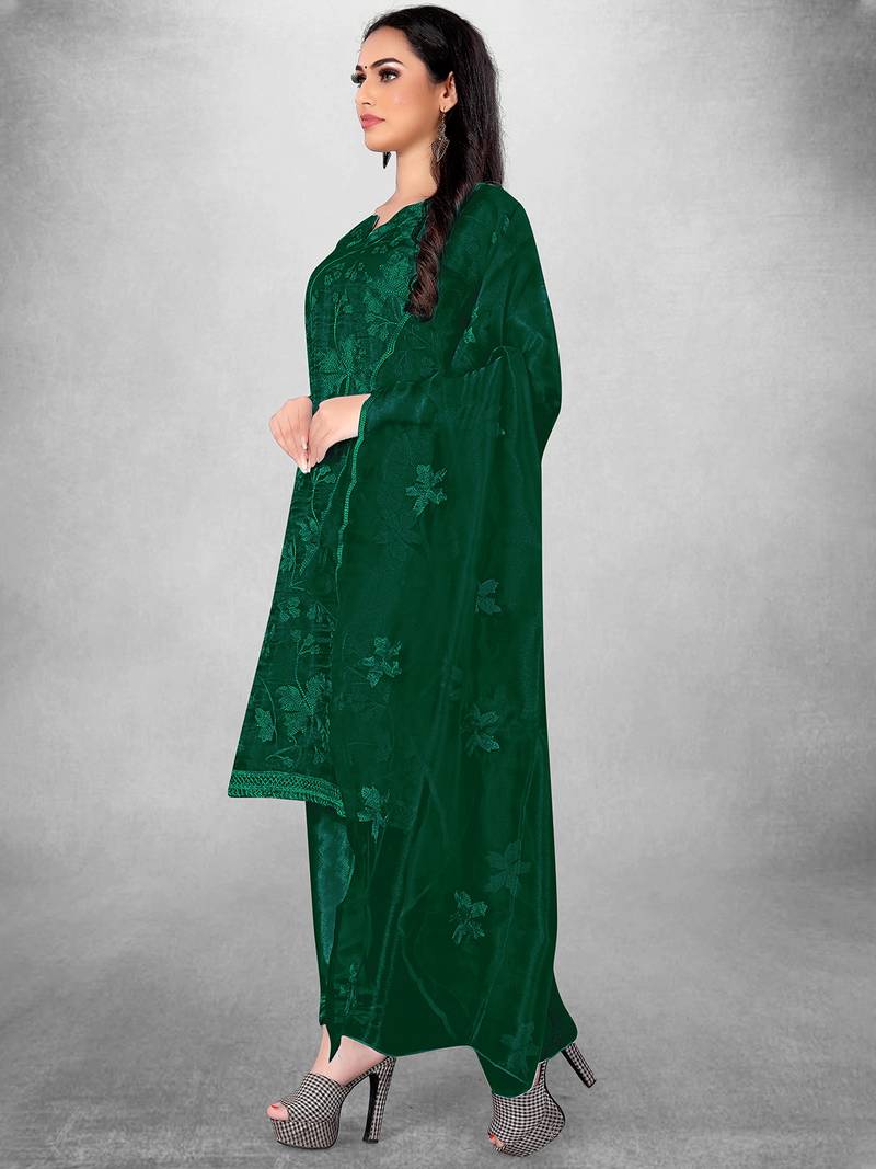 Women's Dark Green Organza Silk Floral Printed Suit Dress Material With Organza Dupatta