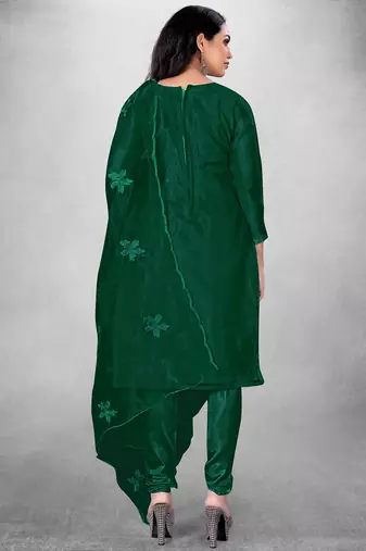 Women's Dark Green Organza Silk Floral Printed Suit Dress Material With Organza Dupatta