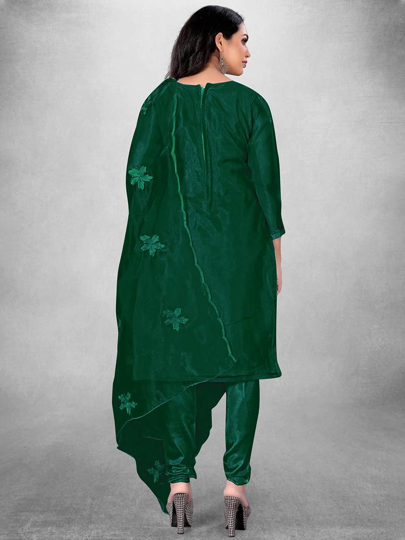 Women's Dark Green Organza Silk Floral Printed Suit Dress Material With Organza Dupatta