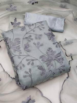 Women's Grey Organza Silk Floral Printed Suit Dress Material With Organza Dupatta 1
