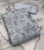 Women's Grey Organza Silk Floral Printed Suit Dress Material With Organza Dupatta