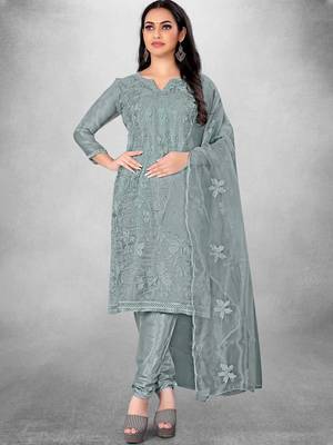 Women's Grey Organza Silk Floral Printed Suit Dress Material With Organza Dupatta 2