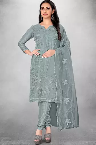 Women's Grey Organza Silk Floral Printed Suit Dress Material With Organza Dupatta