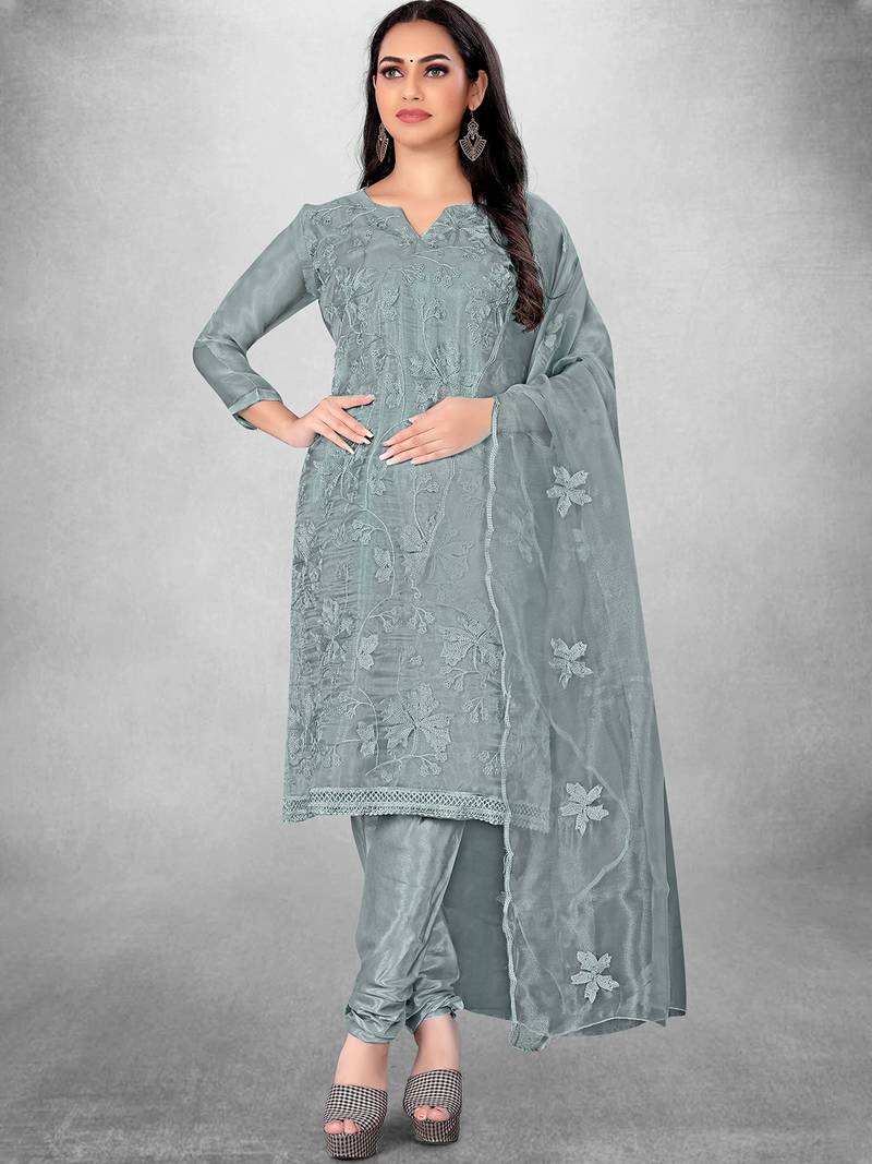 Leeza Store Women's Grey Organza Silk Floral Printed Suit Dress Material With Organza Dupatta