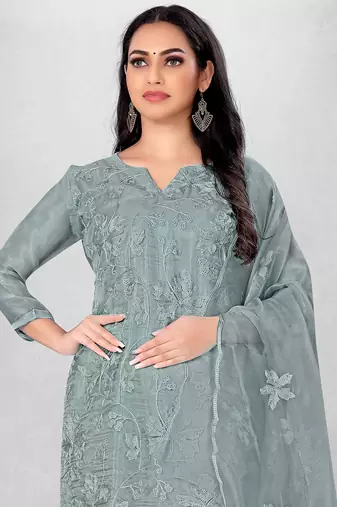 Women's Grey Organza Silk Floral Printed Suit Dress Material With Organza Dupatta
