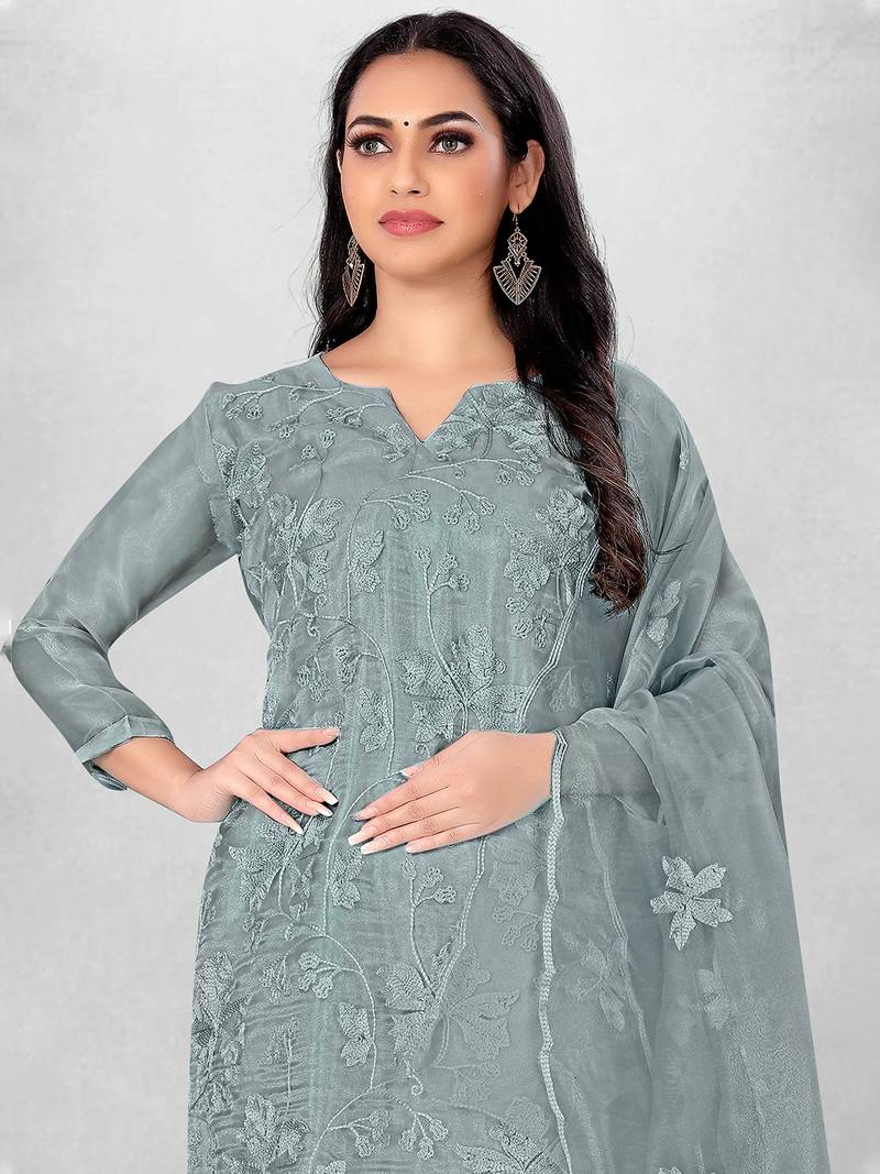 Leeza Store Women's Grey Organza Silk Floral Printed Suit Dress Material With Organza Dupatta