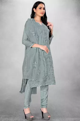 Women's Grey Organza Silk Floral Printed Suit Dress Material With Organza Dupatta