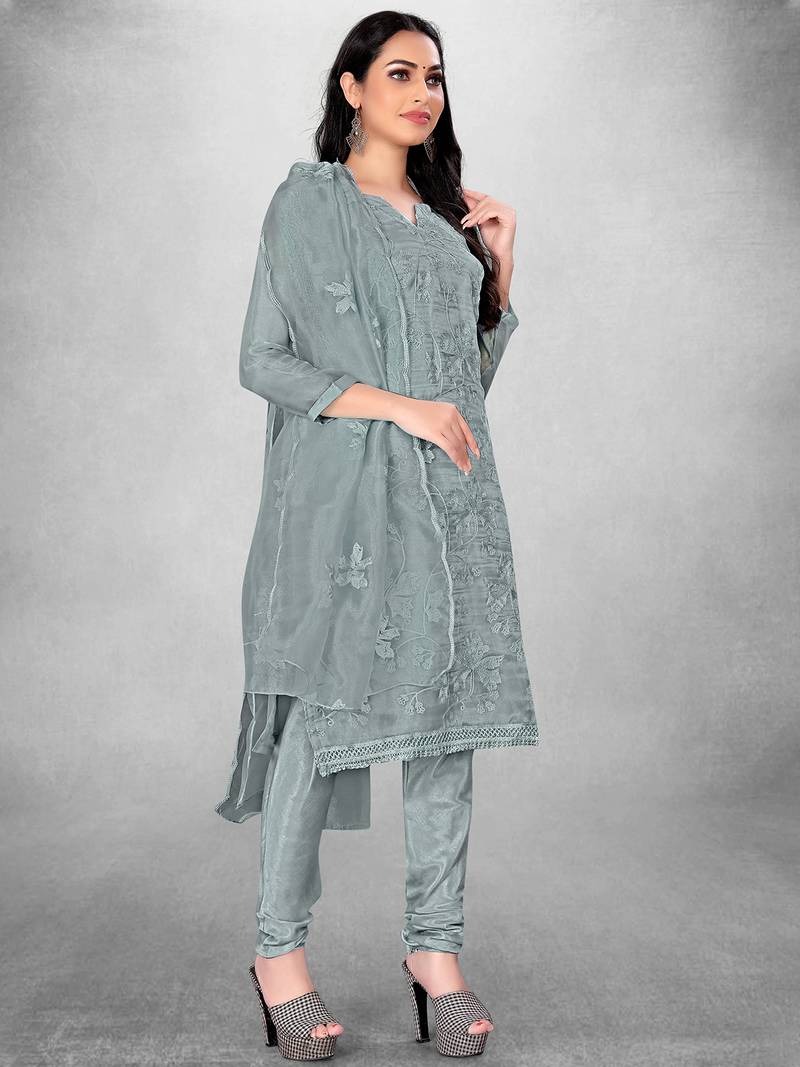 Leeza Store Women's Grey Organza Silk Floral Printed Suit Dress Material With Organza Dupatta