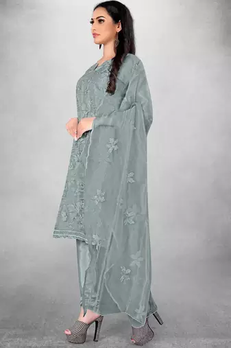 Women's Grey Organza Silk Floral Printed Suit Dress Material With Organza Dupatta