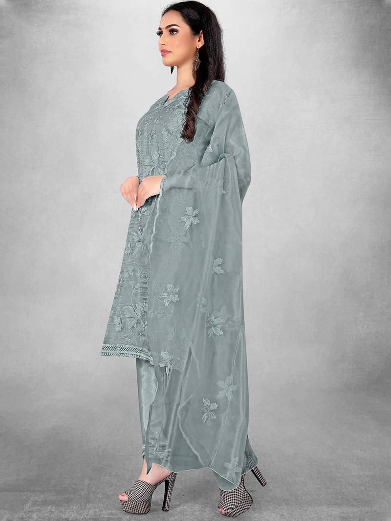 Leeza Store Women's Grey Organza Silk Floral Printed Suit Dress Material With Organza Dupatta