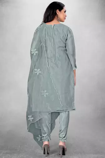 Women's Grey Organza Silk Floral Printed Suit Dress Material With Organza Dupatta