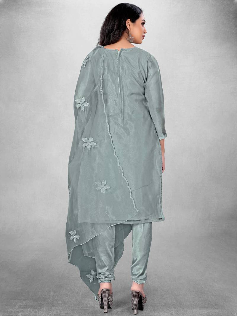 Leeza Store Women's Grey Organza Silk Floral Printed Suit Dress Material With Organza Dupatta