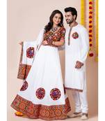 White navratri/garba matching combo couple outfit kurta pajama with semi-stitched lehenga choli
