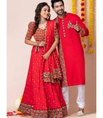 Red navratri/garba matching combo couple outfit kurta pajama with semi-stitched lehenga choli