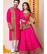 Pink navratri/garba matching combo couple outfit kurta pajama with semi-stitched lehenga choli