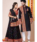 Black navratri/garba matching combo couple outfit kurta pajama with semi-stitched lehenga choli