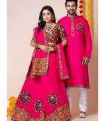 Pink navratri/garba matching combo couple outfit kurta pajama with semi-stitched lehenga choli