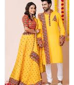 Yellow navratri/garba matching combo couple outfit kurta pajama with semi-stitched lehenga choli