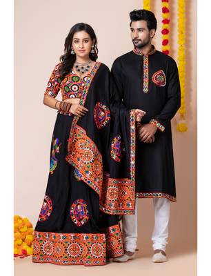 Black navratri/garba matching combo couple outfit kurta pajama with semi-stitched lehenga choli 1