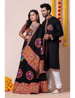 Black navratri/garba matching combo couple outfit kurta pajama with semi-stitched lehenga choli 3