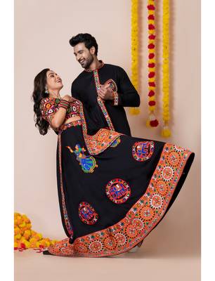 Black navratri/garba matching combo couple outfit kurta pajama with semi-stitched lehenga choli 4
