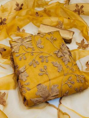 Yellow Organza Silk Floral Embroidered Suit Dress Material - Unstitched 1