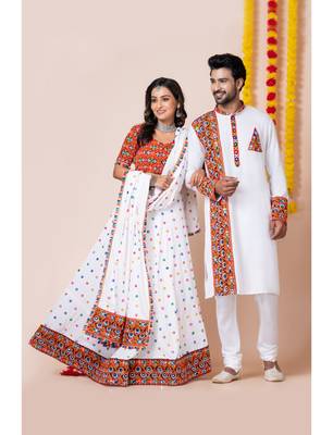 White navratri/garba matching combo couple outfit kurta pajama with semi-stitched lehenga choli 1