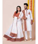 White navratri/garba matching combo couple outfit kurta pajama with semi-stitched lehenga choli