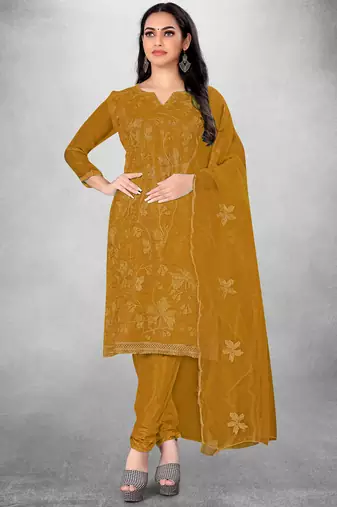 Yellow Organza Silk Floral Embroidered Suit Dress Material - Unstitched
