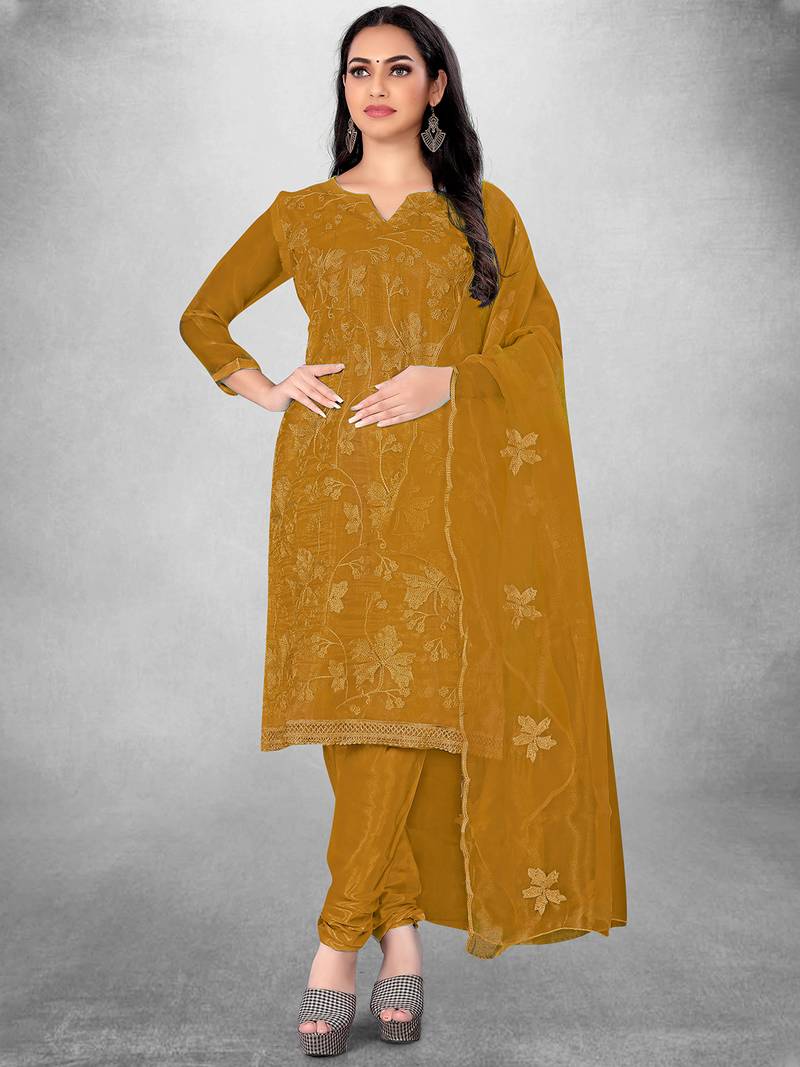 Yellow Organza Silk Floral Embroidered Suit Dress Material - Unstitched