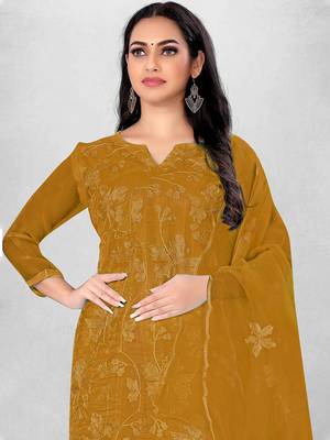 Yellow Organza Silk Floral Embroidered Suit Dress Material - Unstitched 3