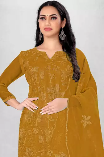 Yellow Organza Silk Floral Embroidered Suit Dress Material - Unstitched