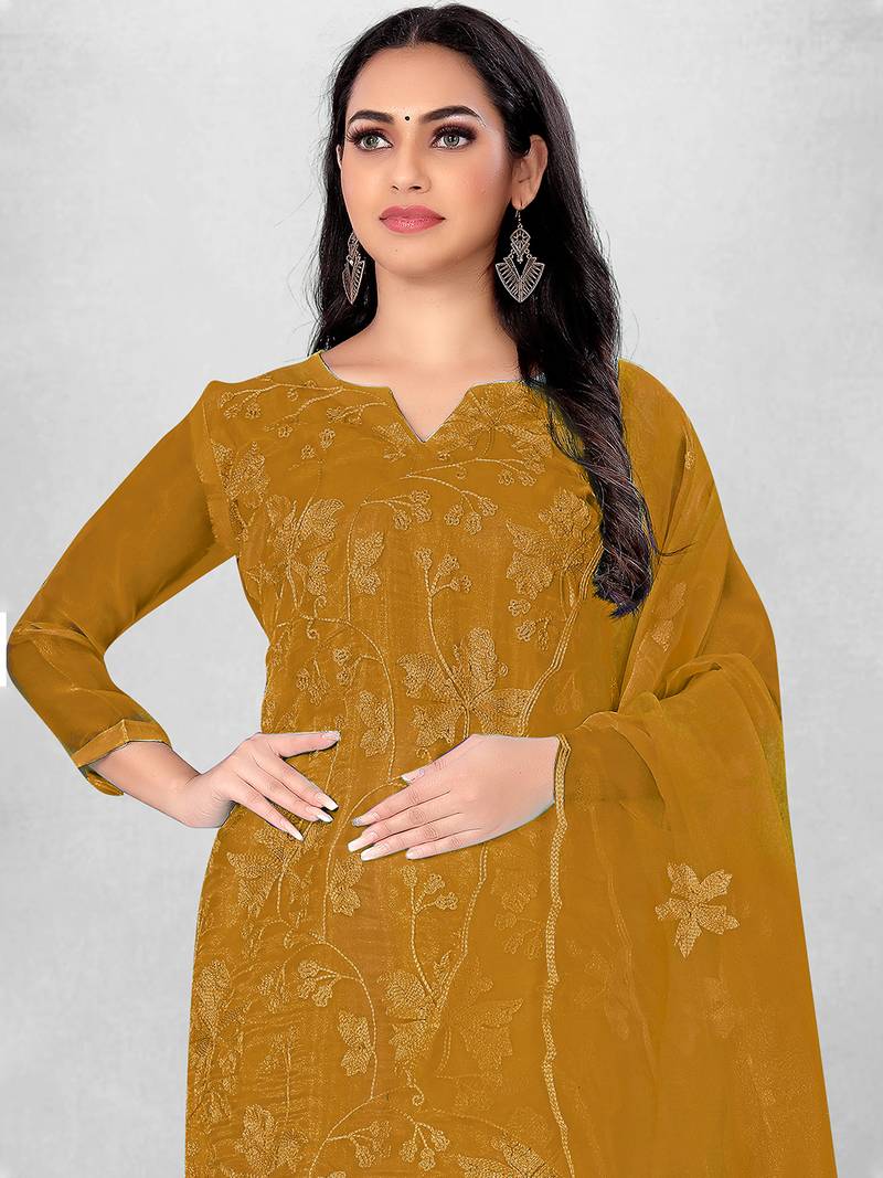 Yellow Organza Silk Floral Embroidered Suit Dress Material - Unstitched