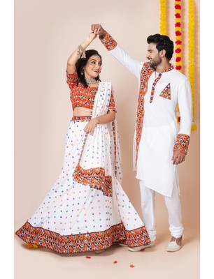 White navratri/garba matching combo couple outfit kurta pajama with semi-stitched lehenga choli 3