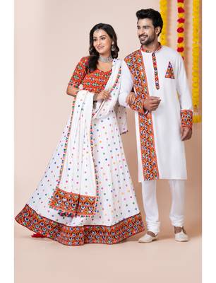 White navratri/garba matching combo couple outfit kurta pajama with semi-stitched lehenga choli 4