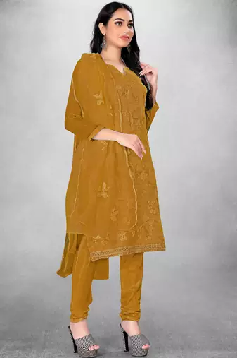 Yellow Organza Silk Floral Embroidered Suit Dress Material - Unstitched