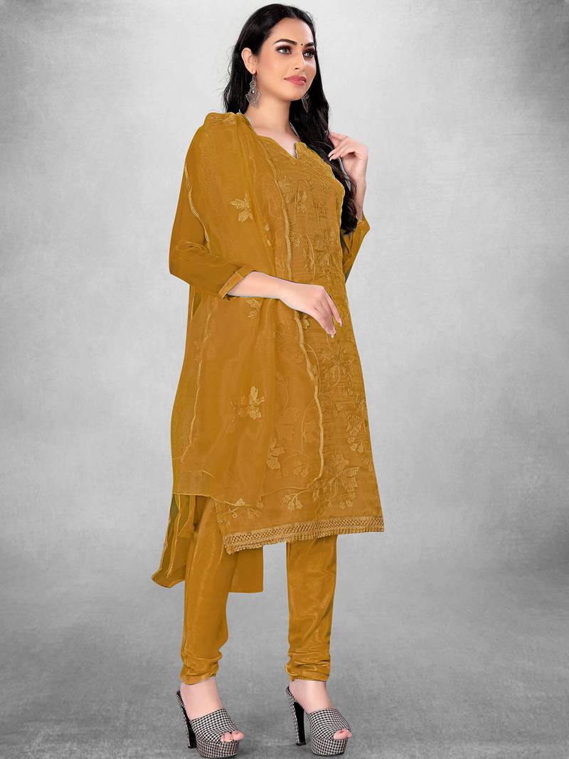 Yellow Organza Silk Floral Embroidered Suit Dress Material - Unstitched