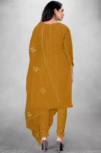 Yellow Organza Silk Floral Embroidered Suit Dress Material - Unstitched